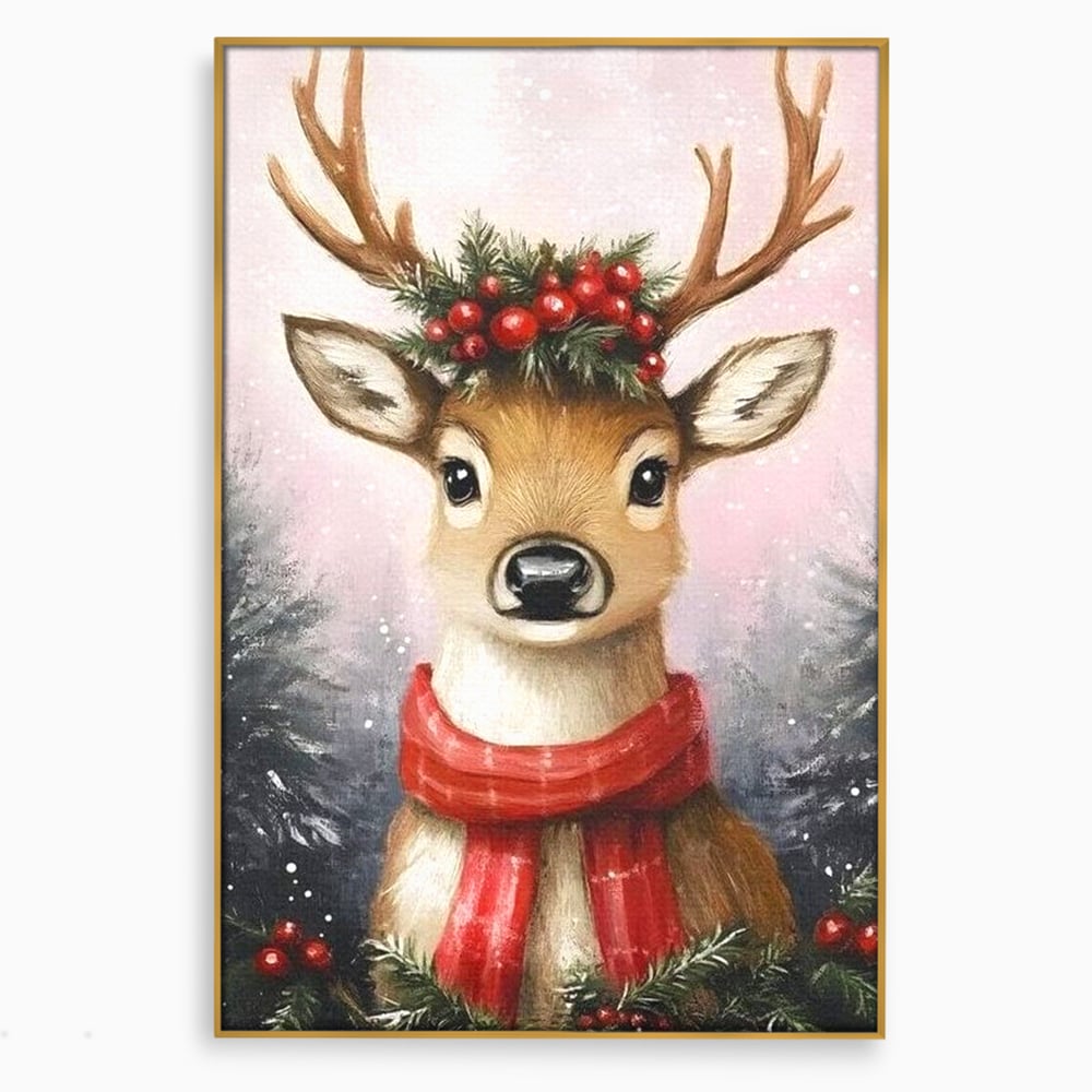 Leinwand Wandbild Canvas Premium, LuxCanva® D1088, Rentier mit Bowler, Geweih, Wild, Tier, Wald, Verwunschen, Schal, Rot, Weihnachtsmann, Schlitten, Flitzer, Füchsin, Kinder, Horn, Kinderzimmer, Wohnzimmer, Schlafzimmer