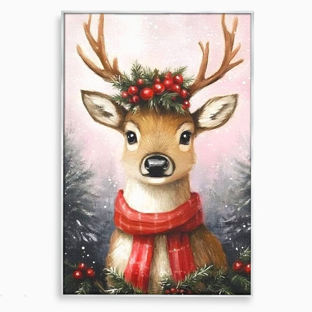 Leinwand Wandbild Canvas Premium, LuxCanva® D1088, Rentier mit Bowler, Geweih, Wild, Tier, Wald, Verwunschen, Schal, Rot, Weihnachtsmann, Schlitten, Flitzer, Füchsin, Kinder, Horn, Kinderzimmer, Wohnzimmer, Schlafzimmer