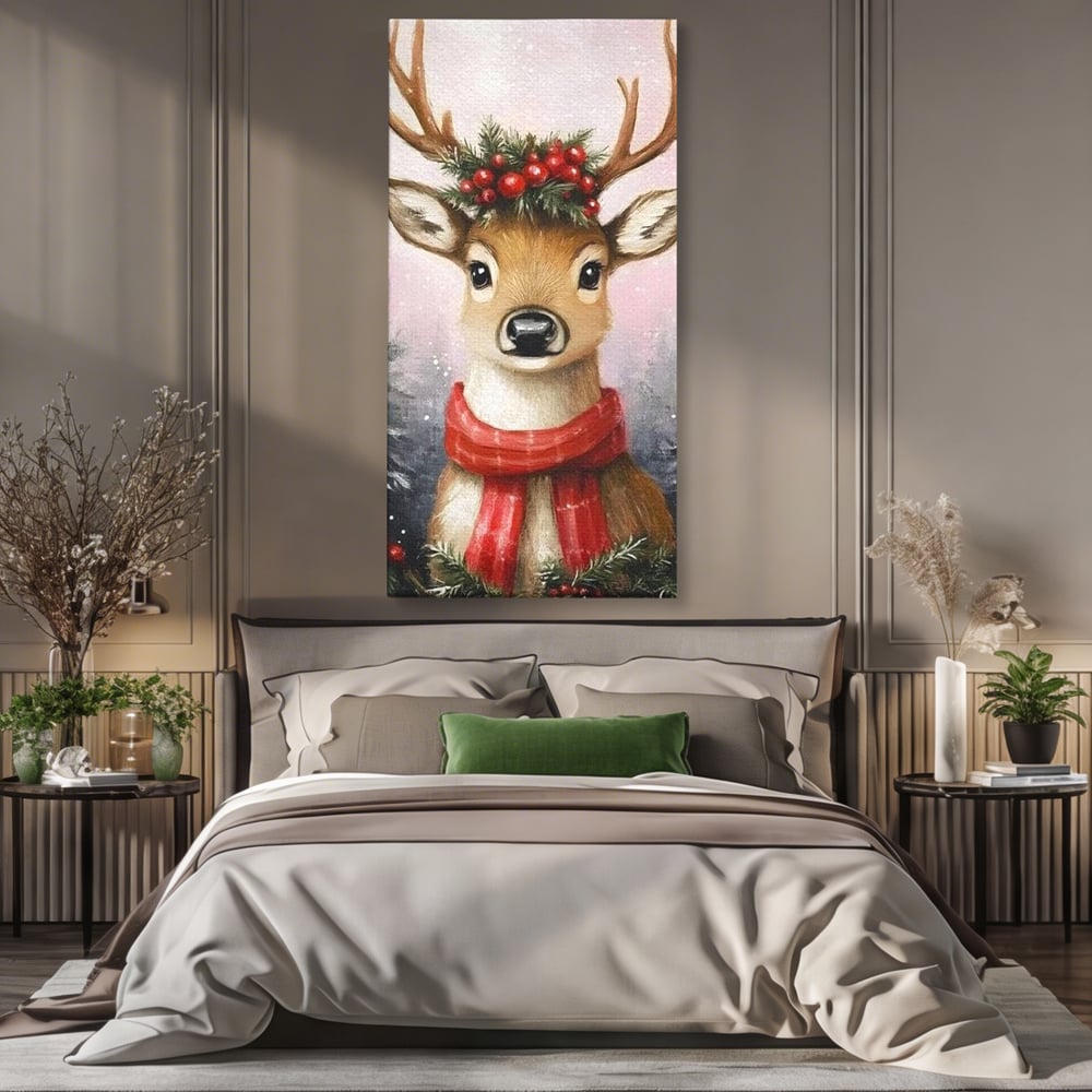 Leinwand Wandbild Canvas Premium, LuxCanva® D1088, Rentier mit Bowler, Geweih, Wild, Tier, Wald, Verwunschen, Schal, Rot, Weihnachtsmann, Schlitten, Flitzer, Füchsin, Kinder, Horn, Kinderzimmer, Wohnzimmer, Schlafzimmer