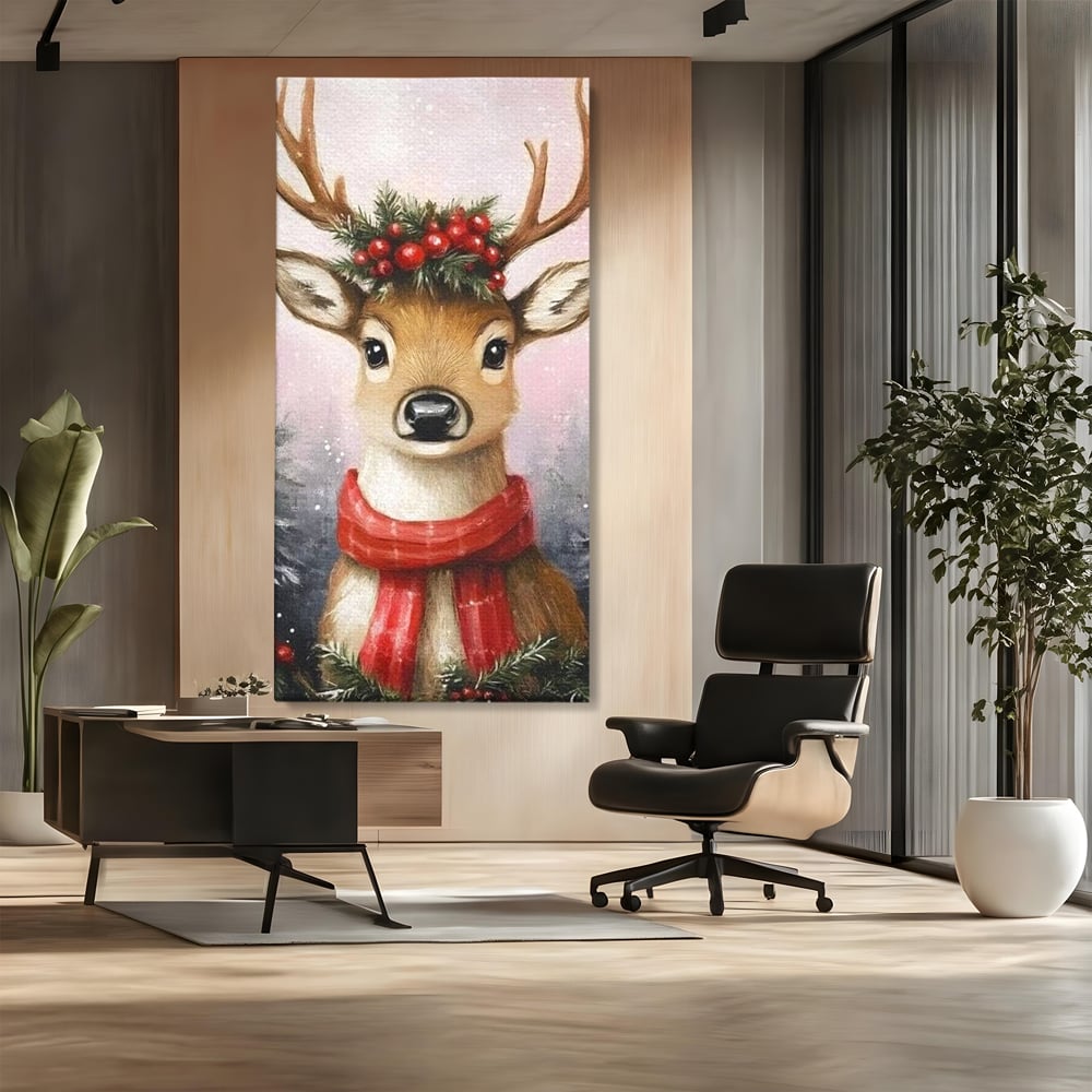 Leinwand Wandbild Canvas Premium, LuxCanva® D1088, Rentier mit Bowler, Geweih, Wild, Tier, Wald, Verwunschen, Schal, Rot, Weihnachtsmann, Schlitten, Flitzer, Füchsin, Kinder, Horn, Kinderzimmer, Wohnzimmer, Schlafzimmer