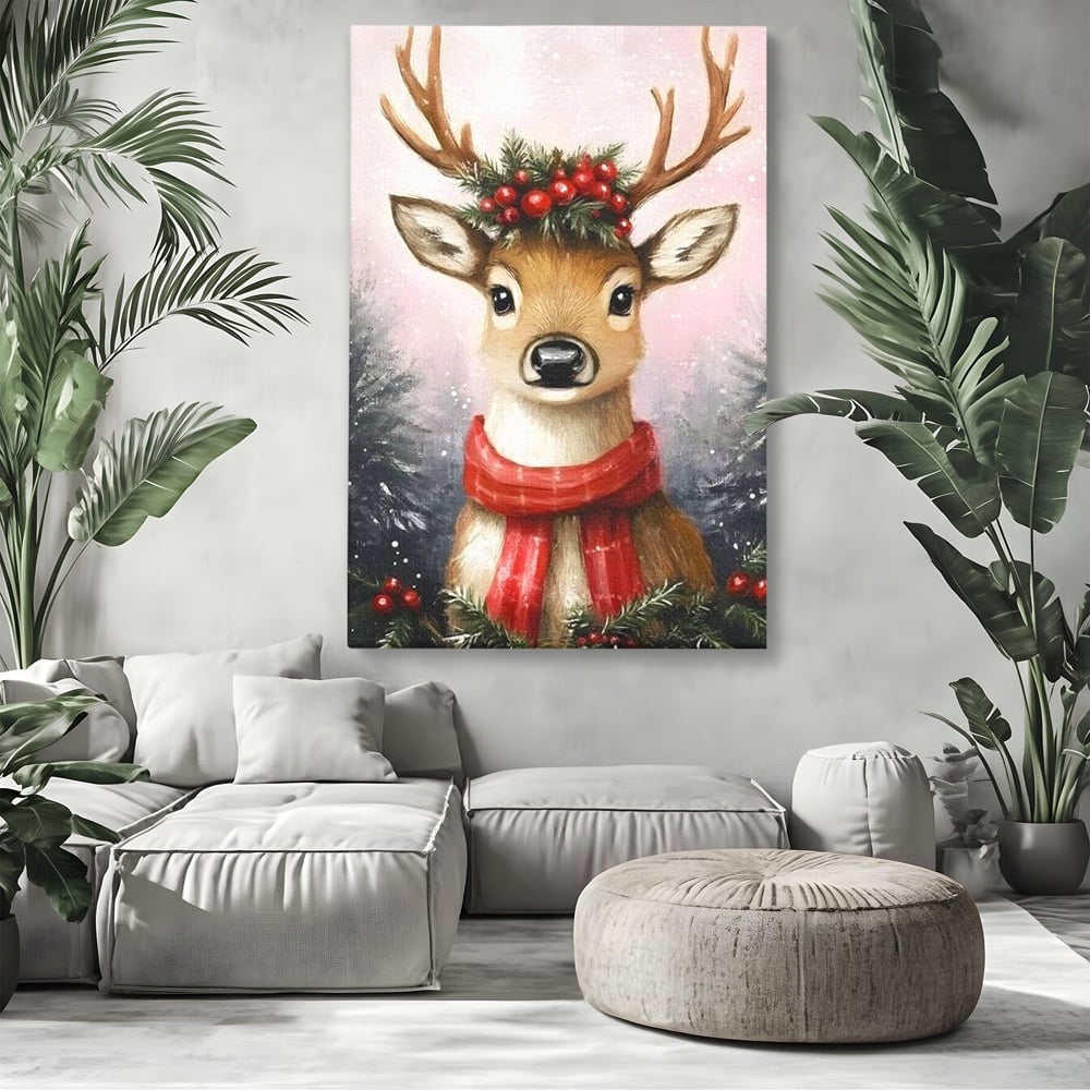 Leinwand Wandbild Canvas Premium, LuxCanva® D1088, Rentier mit Bowler, Geweih, Wild, Tier, Wald, Verwunschen, Schal, Rot, Weihnachtsmann, Schlitten, Flitzer, Füchsin, Kinder, Horn, Kinderzimmer, Wohnzimmer, Schlafzimmer