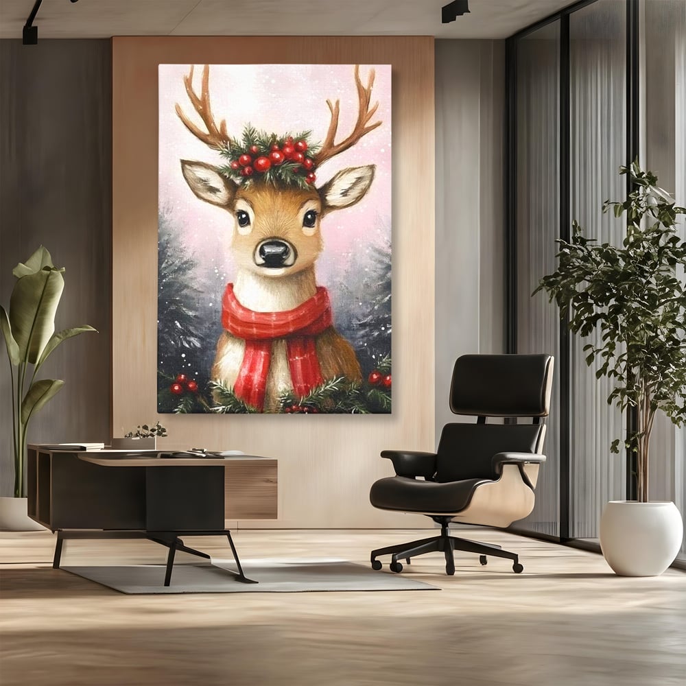 Leinwand Wandbild Canvas Premium, LuxCanva® D1088, Rentier mit Bowler, Geweih, Wild, Tier, Wald, Verwunschen, Schal, Rot, Weihnachtsmann, Schlitten, Flitzer, Füchsin, Kinder, Horn, Kinderzimmer, Wohnzimmer, Schlafzimmer