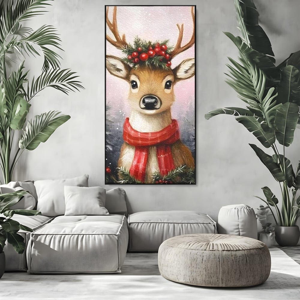 Leinwand Wandbild Canvas Premium, LuxCanva® D1088, Rentier mit Bowler, Geweih, Wild, Tier, Wald, Verwunschen, Schal, Rot, Weihnachtsmann, Schlitten, Flitzer, Füchsin, Kinder, Horn, Kinderzimmer, Wohnzimmer, Schlafzimmer