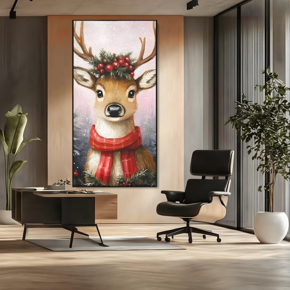 Leinwand Wandbild Canvas Premium, LuxCanva® D1088, Rentier mit Bowler, Geweih, Wild, Tier, Wald, Verwunschen, Schal, Rot, Weihnachtsmann, Schlitten, Flitzer, Füchsin, Kinder, Horn, Kinderzimmer, Wohnzimmer, Schlafzimmer