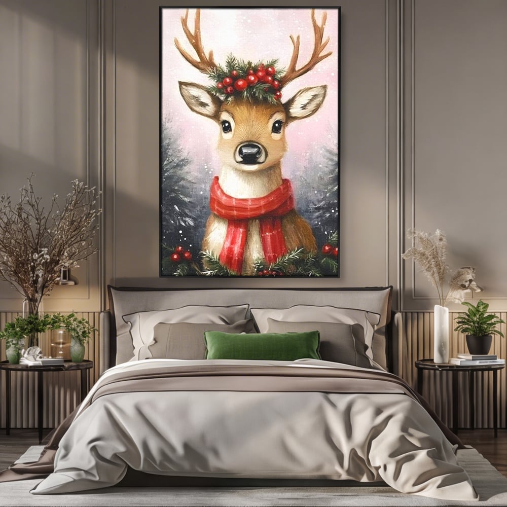 Leinwand Wandbild Canvas Premium, LuxCanva® D1088, Rentier mit Bowler, Geweih, Wild, Tier, Wald, Verwunschen, Schal, Rot, Weihnachtsmann, Schlitten, Flitzer, Füchsin, Kinder, Horn, Kinderzimmer, Wohnzimmer, Schlafzimmer