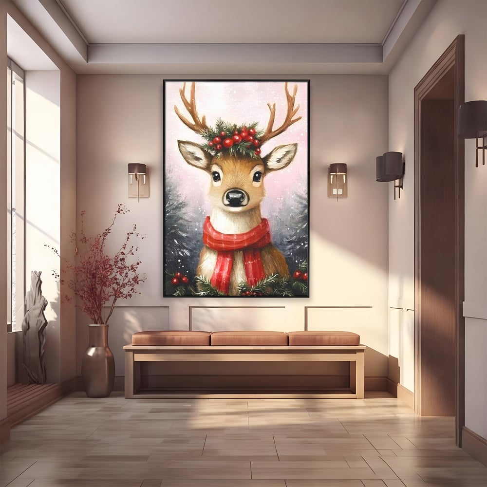 Leinwand Wandbild Canvas Premium, LuxCanva® D1088, Rentier mit Bowler, Geweih, Wild, Tier, Wald, Verwunschen, Schal, Rot, Weihnachtsmann, Schlitten, Flitzer, Füchsin, Kinder, Horn, Kinderzimmer, Wohnzimmer, Schlafzimmer
