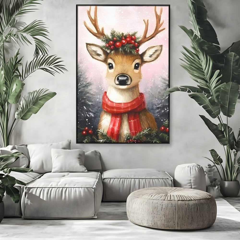 Leinwand Wandbild Canvas Premium, LuxCanva® D1088, Rentier mit Bowler, Geweih, Wild, Tier, Wald, Verwunschen, Schal, Rot, Weihnachtsmann, Schlitten, Flitzer, Füchsin, Kinder, Horn, Kinderzimmer, Wohnzimmer, Schlafzimmer