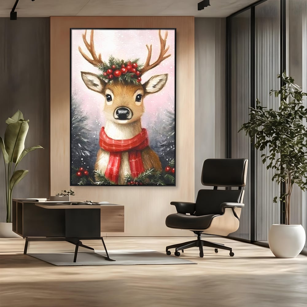 Leinwand Wandbild Canvas Premium, LuxCanva® D1088, Rentier mit Bowler, Geweih, Wild, Tier, Wald, Verwunschen, Schal, Rot, Weihnachtsmann, Schlitten, Flitzer, Füchsin, Kinder, Horn, Kinderzimmer, Wohnzimmer, Schlafzimmer