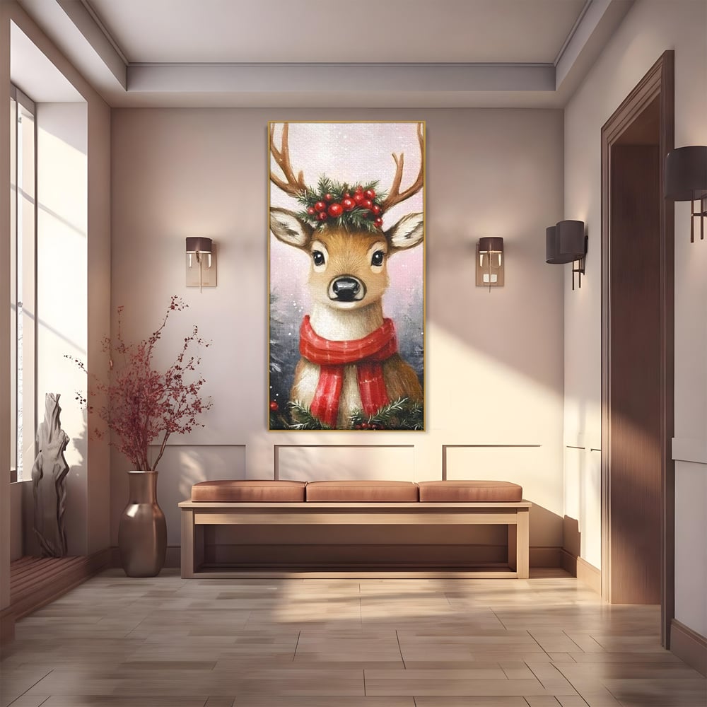 Leinwand Wandbild Canvas Premium, LuxCanva® D1088, Rentier mit Bowler, Geweih, Wild, Tier, Wald, Verwunschen, Schal, Rot, Weihnachtsmann, Schlitten, Flitzer, Füchsin, Kinder, Horn, Kinderzimmer, Wohnzimmer, Schlafzimmer