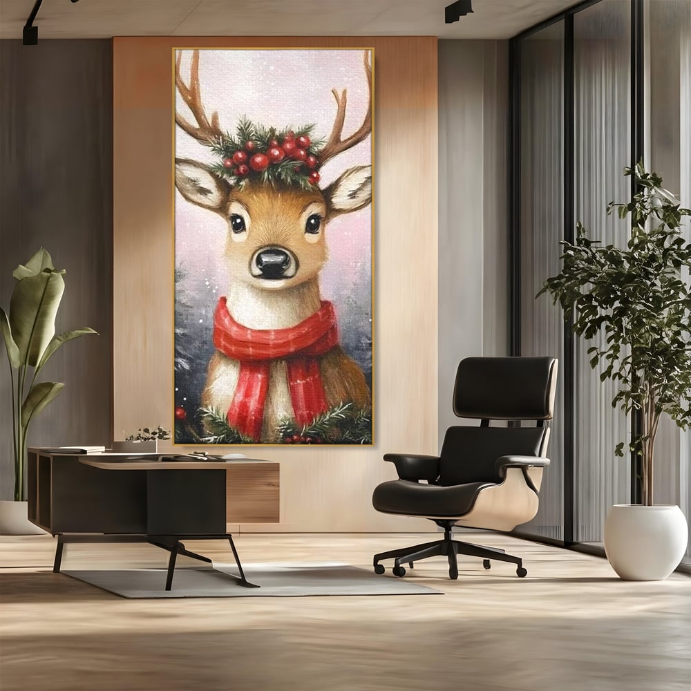 Leinwand Wandbild Canvas Premium, LuxCanva® D1088, Rentier mit Bowler, Geweih, Wild, Tier, Wald, Verwunschen, Schal, Rot, Weihnachtsmann, Schlitten, Flitzer, Füchsin, Kinder, Horn, Kinderzimmer, Wohnzimmer, Schlafzimmer