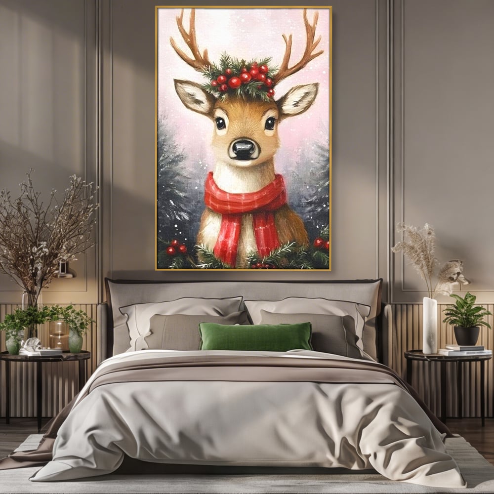 Leinwand Wandbild Canvas Premium, LuxCanva® D1088, Rentier mit Bowler, Geweih, Wild, Tier, Wald, Verwunschen, Schal, Rot, Weihnachtsmann, Schlitten, Flitzer, Füchsin, Kinder, Horn, Kinderzimmer, Wohnzimmer, Schlafzimmer