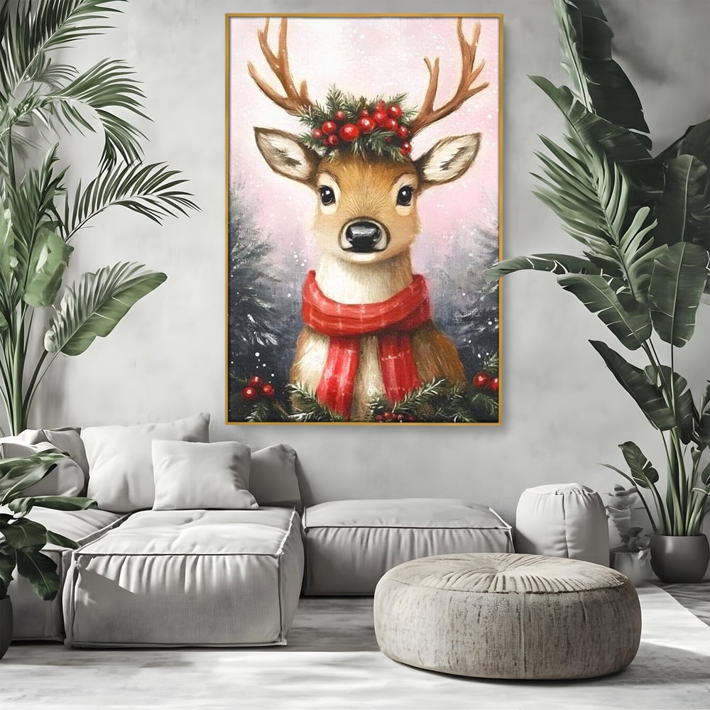 Leinwand Wandbild Canvas Premium, LuxCanva® D1088, Rentier mit Bowler, Geweih, Wild, Tier, Wald, Verwunschen, Schal, Rot, Weihnachtsmann, Schlitten, Flitzer, Füchsin, Kinder, Horn, Kinderzimmer, Wohnzimmer, Schlafzimmer
