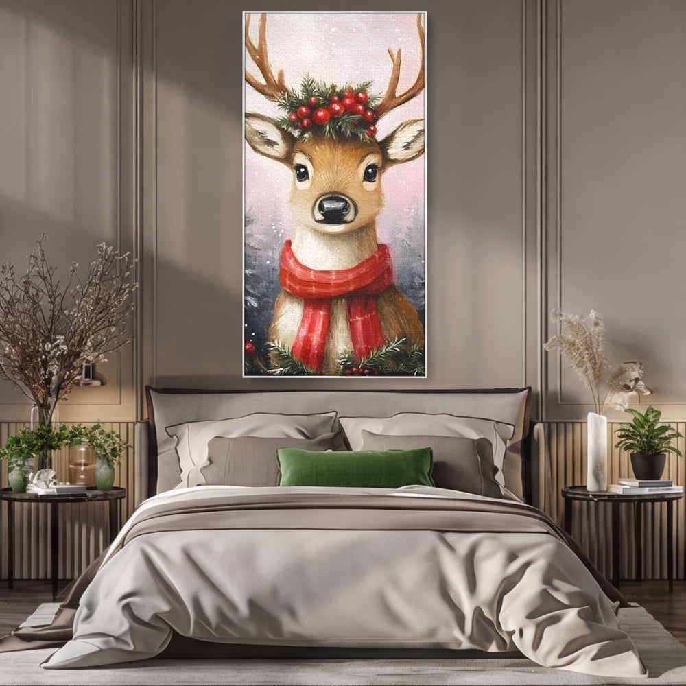 Leinwand Wandbild Canvas Premium, LuxCanva® D1088, Rentier mit Bowler, Geweih, Wild, Tier, Wald, Verwunschen, Schal, Rot, Weihnachtsmann, Schlitten, Flitzer, Füchsin, Kinder, Horn, Kinderzimmer, Wohnzimmer, Schlafzimmer