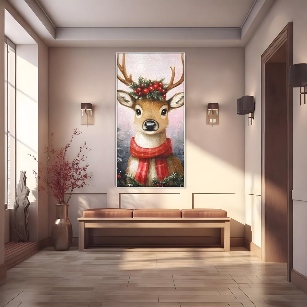 Leinwand Wandbild Canvas Premium, LuxCanva® D1088, Rentier mit Bowler, Geweih, Wild, Tier, Wald, Verwunschen, Schal, Rot, Weihnachtsmann, Schlitten, Flitzer, Füchsin, Kinder, Horn, Kinderzimmer, Wohnzimmer, Schlafzimmer