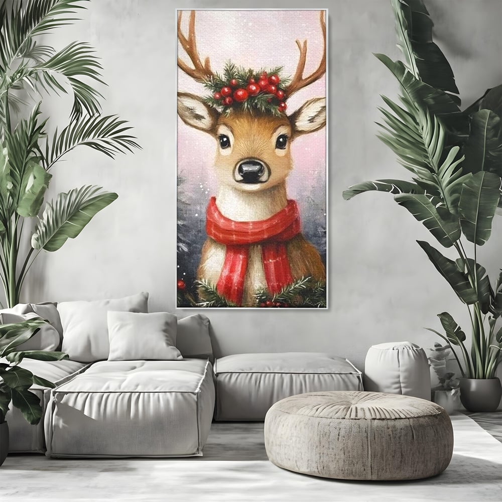 Leinwand Wandbild Canvas Premium, LuxCanva® D1088, Rentier mit Bowler, Geweih, Wild, Tier, Wald, Verwunschen, Schal, Rot, Weihnachtsmann, Schlitten, Flitzer, Füchsin, Kinder, Horn, Kinderzimmer, Wohnzimmer, Schlafzimmer