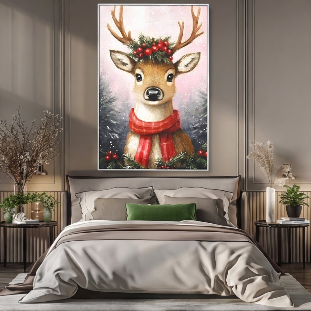 Leinwand Wandbild Canvas Premium, LuxCanva® D1088, Rentier mit Bowler, Geweih, Wild, Tier, Wald, Verwunschen, Schal, Rot, Weihnachtsmann, Schlitten, Flitzer, Füchsin, Kinder, Horn, Kinderzimmer, Wohnzimmer, Schlafzimmer