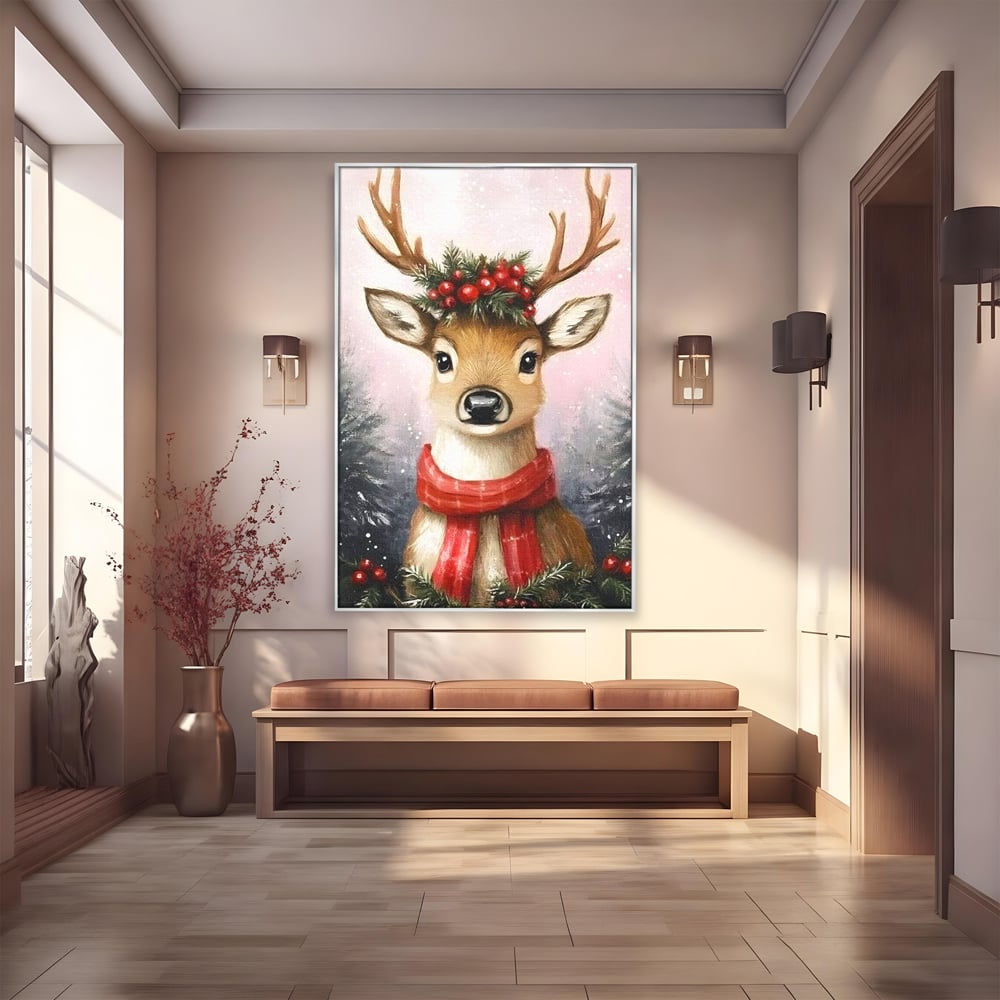 Leinwand Wandbild Canvas Premium, LuxCanva® D1088, Rentier mit Bowler, Geweih, Wild, Tier, Wald, Verwunschen, Schal, Rot, Weihnachtsmann, Schlitten, Flitzer, Füchsin, Kinder, Horn, Kinderzimmer, Wohnzimmer, Schlafzimmer