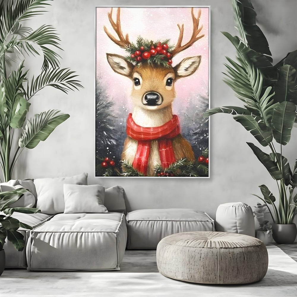 Leinwand Wandbild Canvas Premium, LuxCanva® D1088, Rentier mit Bowler, Geweih, Wild, Tier, Wald, Verwunschen, Schal, Rot, Weihnachtsmann, Schlitten, Flitzer, Füchsin, Kinder, Horn, Kinderzimmer, Wohnzimmer, Schlafzimmer
