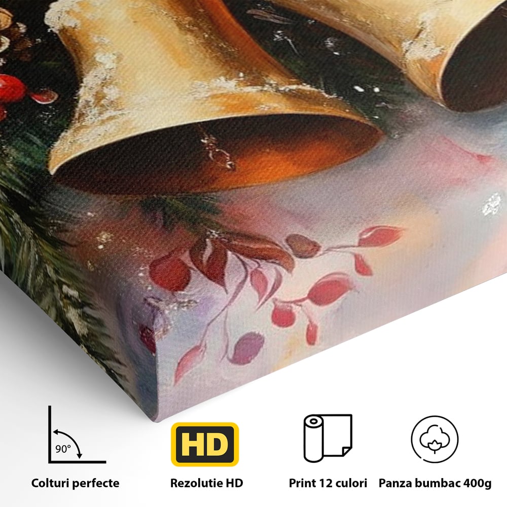 Leinwand Wandkunst Canvas Premium, LuxCanva® D1089, Carol Bells, Gold, Weihnachten, Weihnachten, Glitzern, Echo, Festlich, Magie, Klang, Geist, Gerücht, Tanne, Symphonie, Kiefer, Zapfen, Winter, Rot, Kinderzimmer, Wohnen, Schlafzimmer
