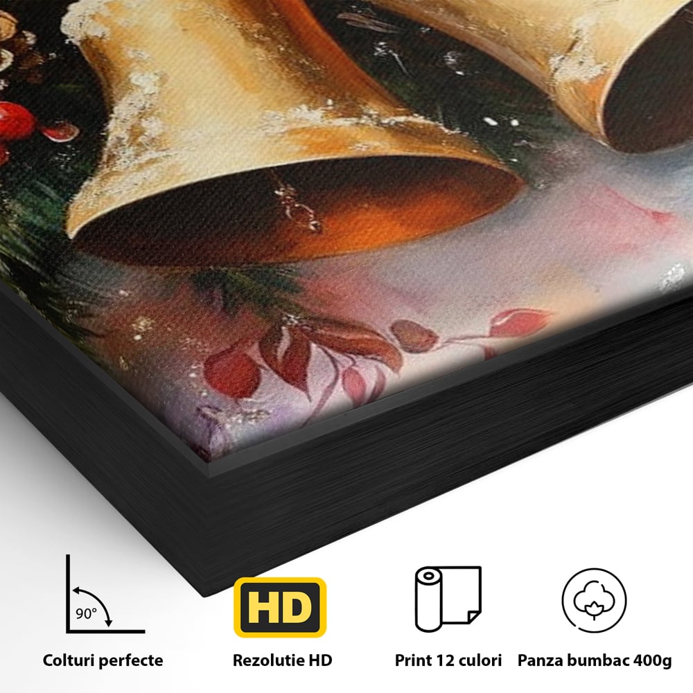 Leinwand Wandkunst Canvas Premium, LuxCanva® D1089, Carol Bells, Gold, Weihnachten, Weihnachten, Glitzern, Echo, Festlich, Magie, Klang, Geist, Gerücht, Tanne, Symphonie, Kiefer, Zapfen, Winter, Rot, Kinderzimmer, Wohnen, Schlafzimmer