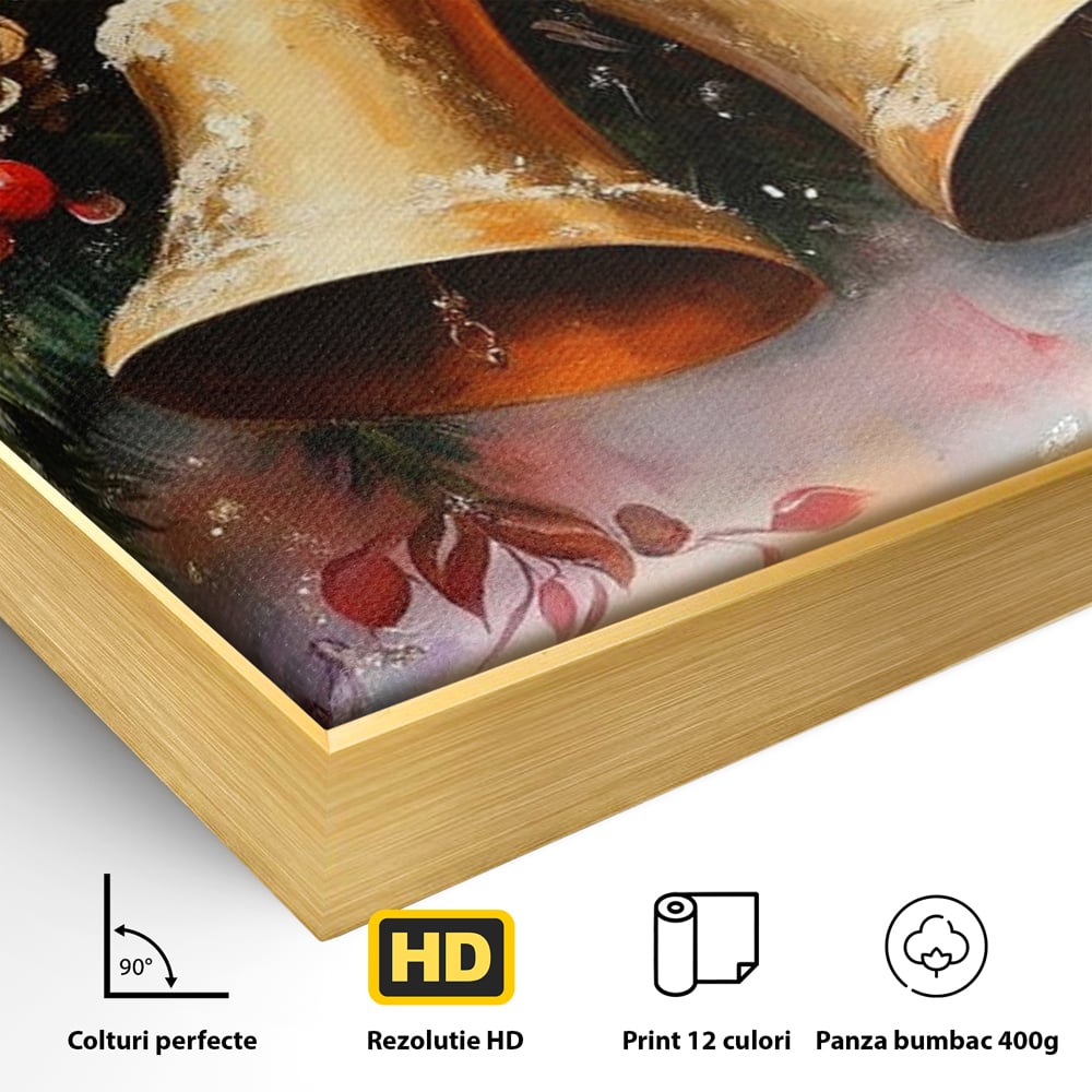 Leinwand Wandkunst Canvas Premium, LuxCanva® D1089, Carol Bells, Gold, Weihnachten, Weihnachten, Glitzern, Echo, Festlich, Magie, Klang, Geist, Gerücht, Tanne, Symphonie, Kiefer, Zapfen, Winter, Rot, Kinderzimmer, Wohnen, Schlafzimmer