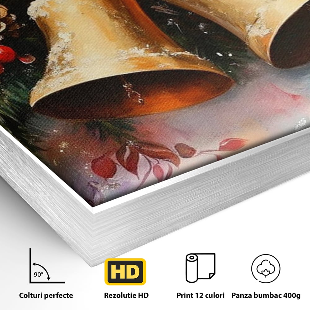 Leinwand Wandkunst Canvas Premium, LuxCanva® D1089, Carol Bells, Gold, Weihnachten, Weihnachten, Glitzern, Echo, Festlich, Magie, Klang, Geist, Gerücht, Tanne, Symphonie, Kiefer, Zapfen, Winter, Rot, Kinderzimmer, Wohnen, Schlafzimmer