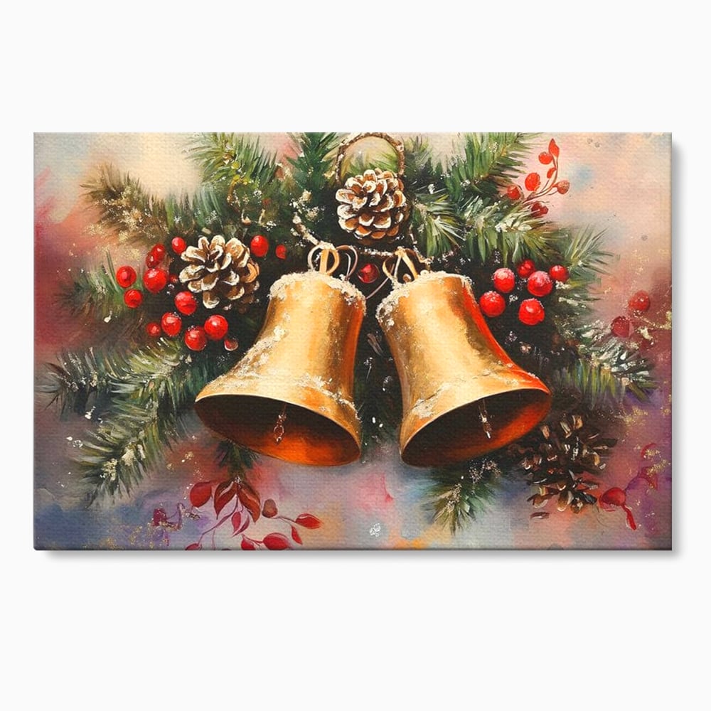 Leinwand Wandkunst Canvas Premium, LuxCanva® D1089, Carol Bells, Gold, Weihnachten, Weihnachten, Glitzern, Echo, Festlich, Magie, Klang, Geist, Gerücht, Tanne, Symphonie, Kiefer, Zapfen, Winter, Rot, Kinderzimmer, Wohnen, Schlafzimmer