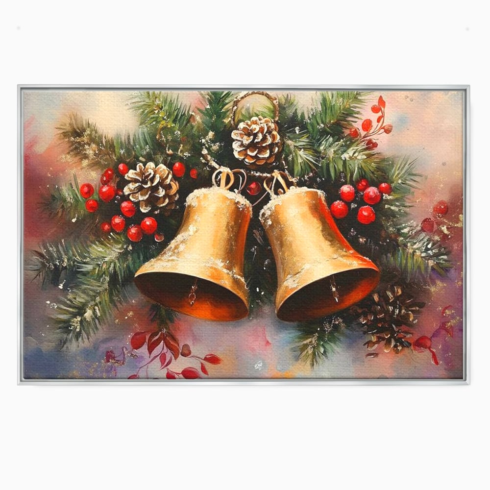 Leinwand Wandkunst Canvas Premium, LuxCanva® D1089, Carol Bells, Gold, Weihnachten, Weihnachten, Glitzern, Echo, Festlich, Magie, Klang, Geist, Gerücht, Tanne, Symphonie, Kiefer, Zapfen, Winter, Rot, Kinderzimmer, Wohnen, Schlafzimmer
