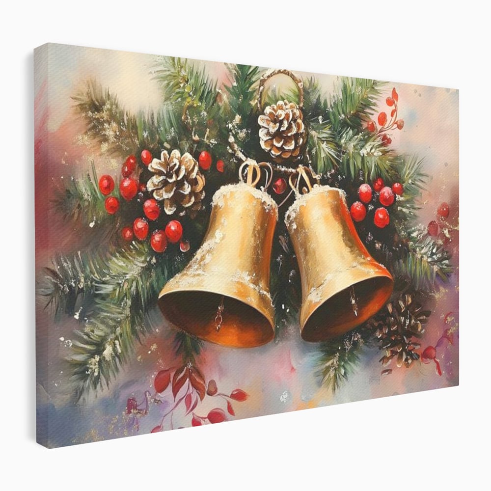 Leinwand Wandkunst Canvas Premium, LuxCanva® D1089, Carol Bells, Gold, Weihnachten, Weihnachten, Glitzern, Echo, Festlich, Magie, Klang, Geist, Gerücht, Tanne, Symphonie, Kiefer, Zapfen, Winter, Rot, Kinderzimmer, Wohnen, Schlafzimmer