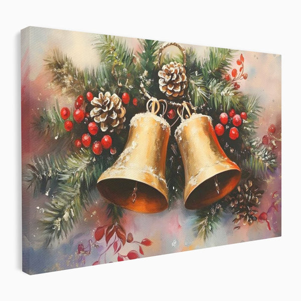 Leinwand Wandkunst Canvas Premium, LuxCanva® D1089, Carol Bells, Gold, Weihnachten, Weihnachten, Glitzern, Echo, Festlich, Magie, Klang, Geist, Gerücht, Tanne, Symphonie, Kiefer, Zapfen, Winter, Rot, Kinderzimmer, Wohnen, Schlafzimmer