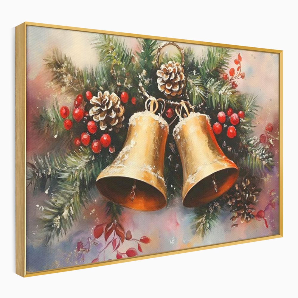 Leinwand Wandkunst Canvas Premium, LuxCanva® D1089, Carol Bells, Gold, Weihnachten, Weihnachten, Glitzern, Echo, Festlich, Magie, Klang, Geist, Gerücht, Tanne, Symphonie, Kiefer, Zapfen, Winter, Rot, Kinderzimmer, Wohnen, Schlafzimmer