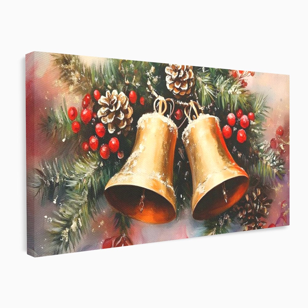 Leinwand Wandkunst Canvas Premium, LuxCanva® D1089, Carol Bells, Gold, Weihnachten, Weihnachten, Glitzern, Echo, Festlich, Magie, Klang, Geist, Gerücht, Tanne, Symphonie, Kiefer, Zapfen, Winter, Rot, Kinderzimmer, Wohnen, Schlafzimmer