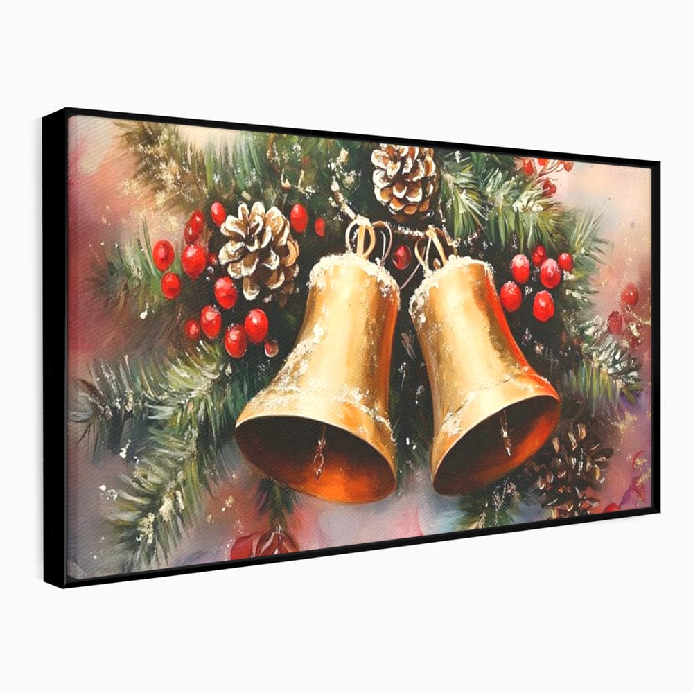 Leinwand Wandkunst Canvas Premium, LuxCanva® D1089, Carol Bells, Gold, Weihnachten, Weihnachten, Glitzern, Echo, Festlich, Magie, Klang, Geist, Gerücht, Tanne, Symphonie, Kiefer, Zapfen, Winter, Rot, Kinderzimmer, Wohnen, Schlafzimmer