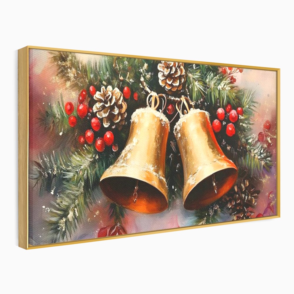 Leinwand Wandkunst Canvas Premium, LuxCanva® D1089, Carol Bells, Gold, Weihnachten, Weihnachten, Glitzern, Echo, Festlich, Magie, Klang, Geist, Gerücht, Tanne, Symphonie, Kiefer, Zapfen, Winter, Rot, Kinderzimmer, Wohnen, Schlafzimmer