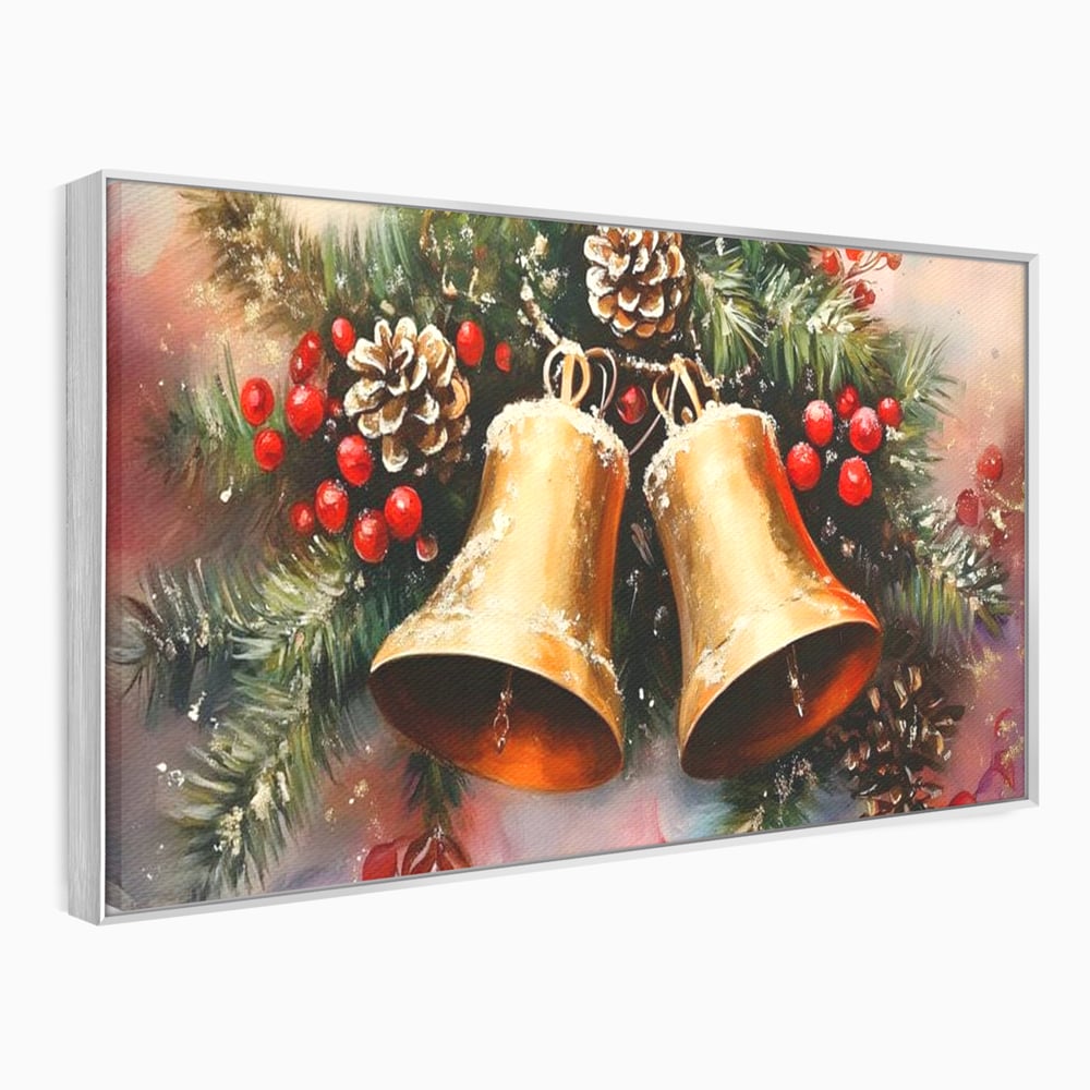 Leinwand Wandkunst Canvas Premium, LuxCanva® D1089, Carol Bells, Gold, Weihnachten, Weihnachten, Glitzern, Echo, Festlich, Magie, Klang, Geist, Gerücht, Tanne, Symphonie, Kiefer, Zapfen, Winter, Rot, Kinderzimmer, Wohnen, Schlafzimmer