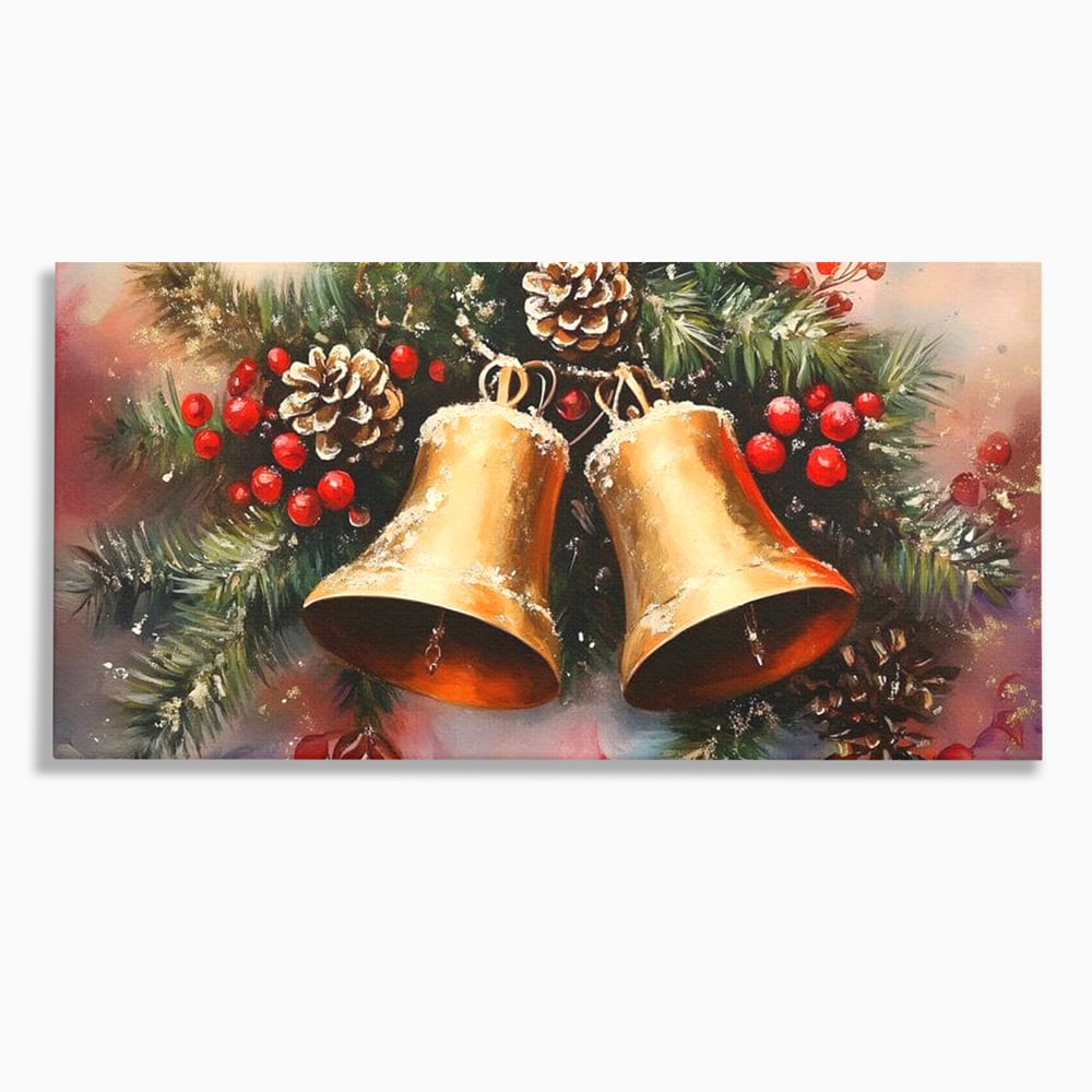 Leinwand Wandkunst Canvas Premium, LuxCanva® D1089, Carol Bells, Gold, Weihnachten, Weihnachten, Glitzern, Echo, Festlich, Magie, Klang, Geist, Gerücht, Tanne, Symphonie, Kiefer, Zapfen, Winter, Rot, Kinderzimmer, Wohnen, Schlafzimmer