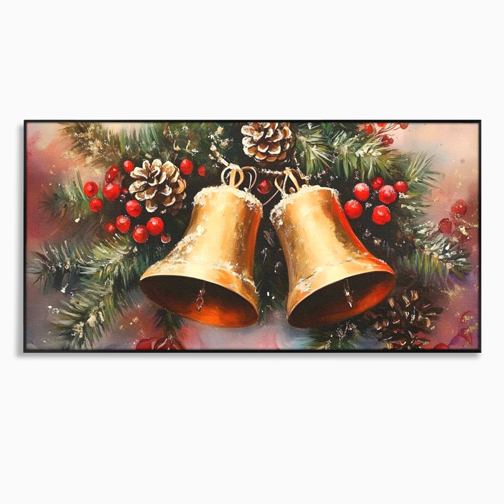 Leinwand Wandkunst Canvas Premium, LuxCanva® D1089, Carol Bells, Gold, Weihnachten, Weihnachten, Glitzern, Echo, Festlich, Magie, Klang, Geist, Gerücht, Tanne, Symphonie, Kiefer, Zapfen, Winter, Rot, Kinderzimmer, Wohnen, Schlafzimmer