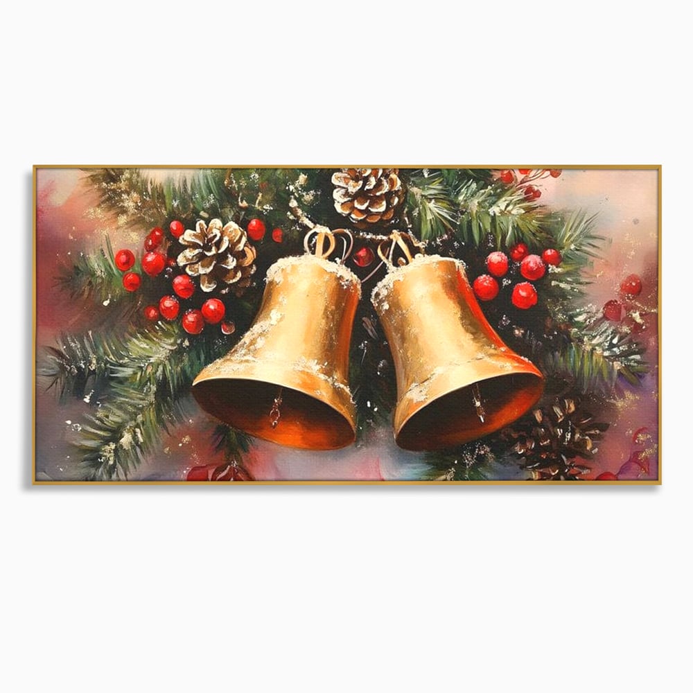 Leinwand Wandkunst Canvas Premium, LuxCanva® D1089, Carol Bells, Gold, Weihnachten, Weihnachten, Glitzern, Echo, Festlich, Magie, Klang, Geist, Gerücht, Tanne, Symphonie, Kiefer, Zapfen, Winter, Rot, Kinderzimmer, Wohnen, Schlafzimmer