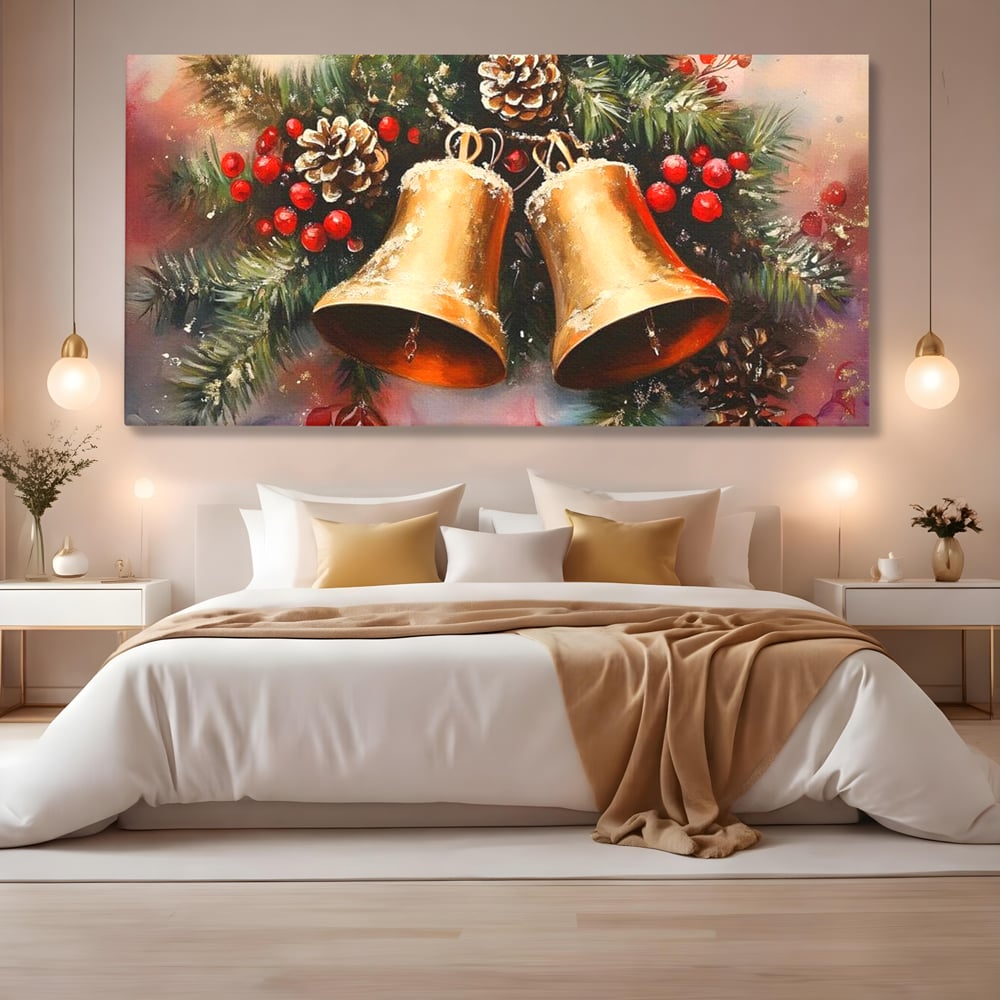 Leinwand Wandkunst Canvas Premium, LuxCanva® D1089, Carol Bells, Gold, Weihnachten, Weihnachten, Glitzern, Echo, Festlich, Magie, Klang, Geist, Gerücht, Tanne, Symphonie, Kiefer, Zapfen, Winter, Rot, Kinderzimmer, Wohnen, Schlafzimmer