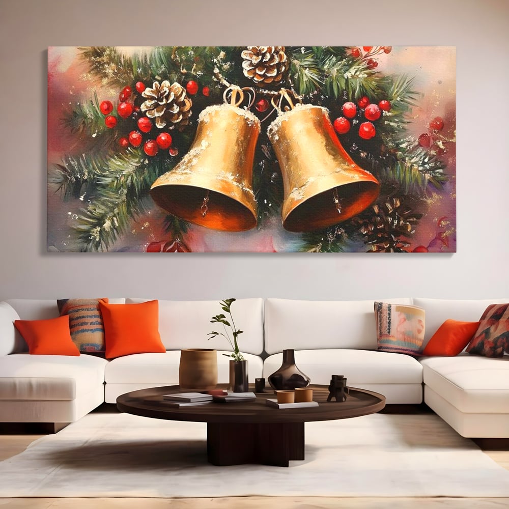 Leinwand Wandkunst Canvas Premium, LuxCanva® D1089, Carol Bells, Gold, Weihnachten, Weihnachten, Glitzern, Echo, Festlich, Magie, Klang, Geist, Gerücht, Tanne, Symphonie, Kiefer, Zapfen, Winter, Rot, Kinderzimmer, Wohnen, Schlafzimmer