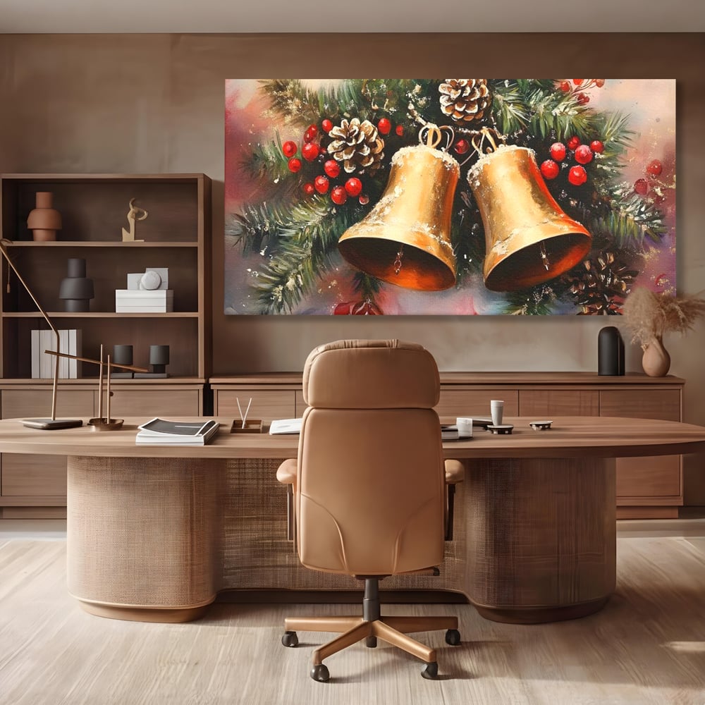 Leinwand Wandkunst Canvas Premium, LuxCanva® D1089, Carol Bells, Gold, Weihnachten, Weihnachten, Glitzern, Echo, Festlich, Magie, Klang, Geist, Gerücht, Tanne, Symphonie, Kiefer, Zapfen, Winter, Rot, Kinderzimmer, Wohnen, Schlafzimmer
