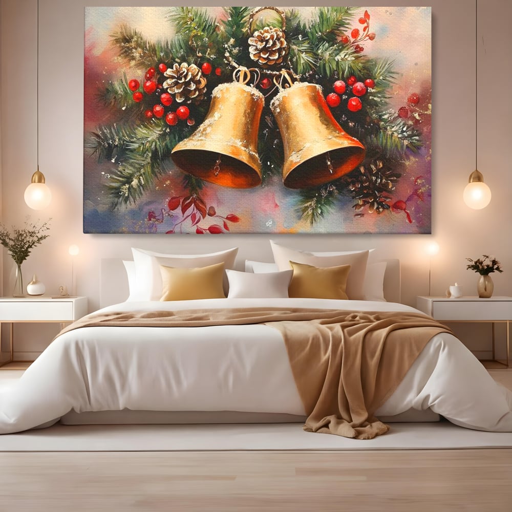 Leinwand Wandkunst Canvas Premium, LuxCanva® D1089, Carol Bells, Gold, Weihnachten, Weihnachten, Glitzern, Echo, Festlich, Magie, Klang, Geist, Gerücht, Tanne, Symphonie, Kiefer, Zapfen, Winter, Rot, Kinderzimmer, Wohnen, Schlafzimmer