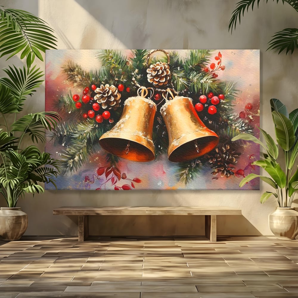 Leinwand Wandkunst Canvas Premium, LuxCanva® D1089, Carol Bells, Gold, Weihnachten, Weihnachten, Glitzern, Echo, Festlich, Magie, Klang, Geist, Gerücht, Tanne, Symphonie, Kiefer, Zapfen, Winter, Rot, Kinderzimmer, Wohnen, Schlafzimmer