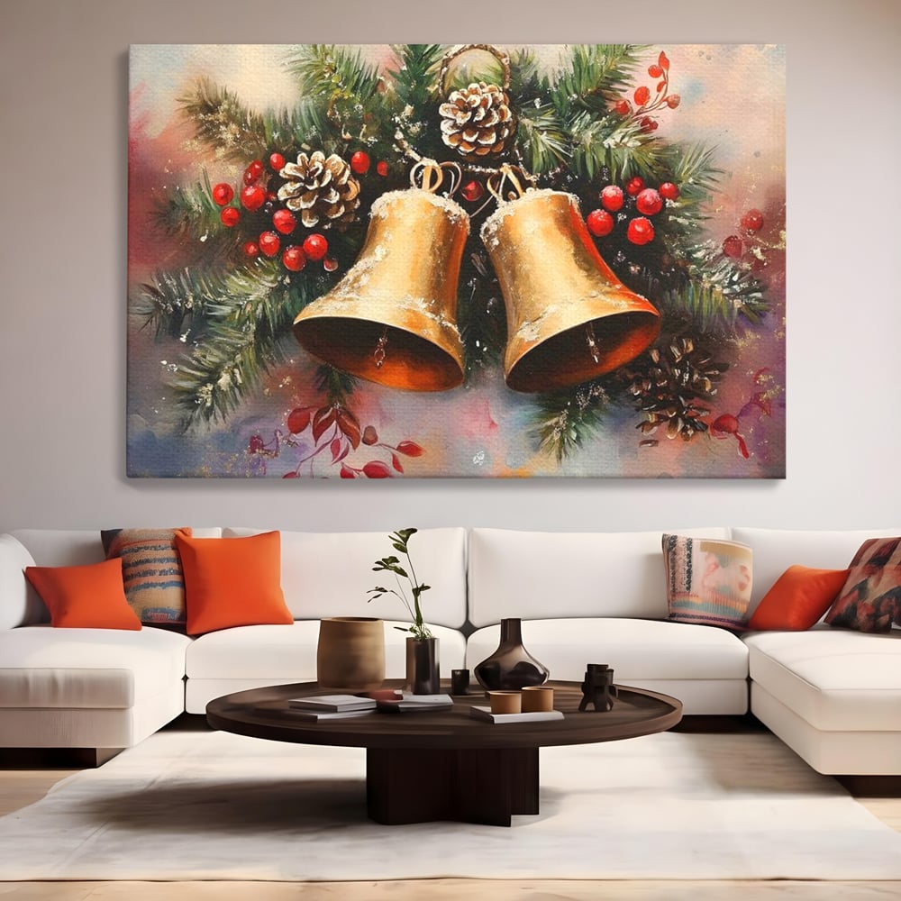 Leinwand Wandkunst Canvas Premium, LuxCanva® D1089, Carol Bells, Gold, Weihnachten, Weihnachten, Glitzern, Echo, Festlich, Magie, Klang, Geist, Gerücht, Tanne, Symphonie, Kiefer, Zapfen, Winter, Rot, Kinderzimmer, Wohnen, Schlafzimmer