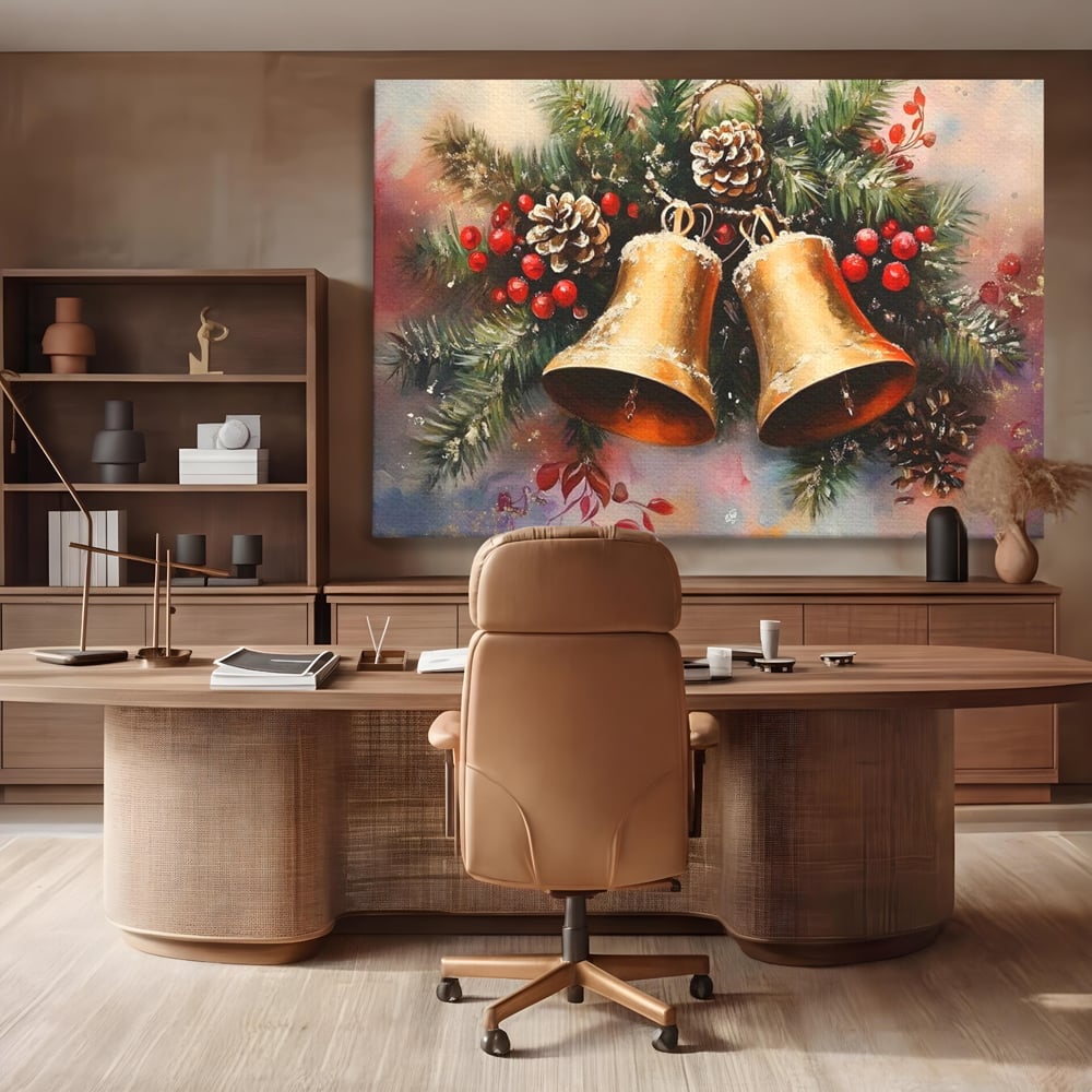 Leinwand Wandkunst Canvas Premium, LuxCanva® D1089, Carol Bells, Gold, Weihnachten, Weihnachten, Glitzern, Echo, Festlich, Magie, Klang, Geist, Gerücht, Tanne, Symphonie, Kiefer, Zapfen, Winter, Rot, Kinderzimmer, Wohnen, Schlafzimmer