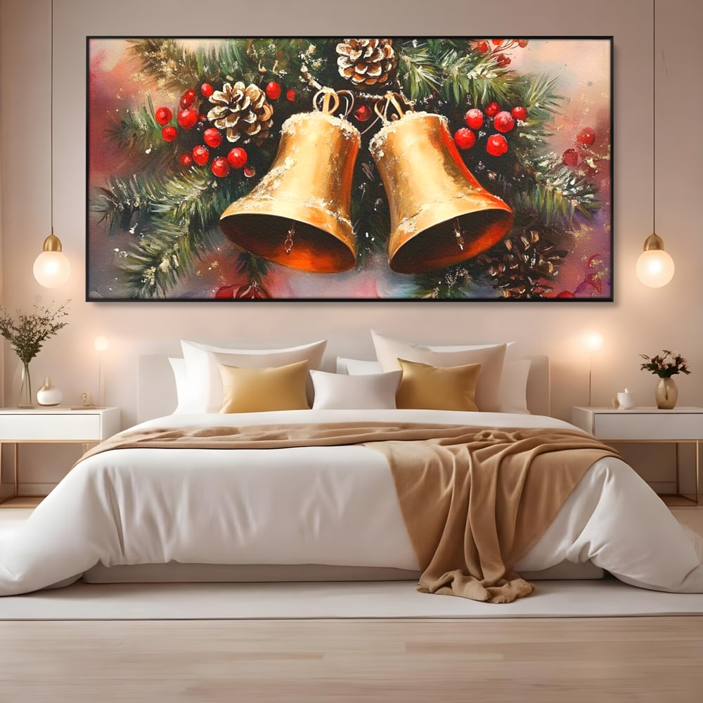 Leinwand Wandkunst Canvas Premium, LuxCanva® D1089, Carol Bells, Gold, Weihnachten, Weihnachten, Glitzern, Echo, Festlich, Magie, Klang, Geist, Gerücht, Tanne, Symphonie, Kiefer, Zapfen, Winter, Rot, Kinderzimmer, Wohnen, Schlafzimmer