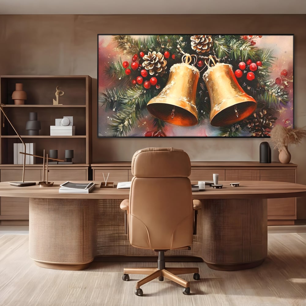 Leinwand Wandkunst Canvas Premium, LuxCanva® D1089, Carol Bells, Gold, Weihnachten, Weihnachten, Glitzern, Echo, Festlich, Magie, Klang, Geist, Gerücht, Tanne, Symphonie, Kiefer, Zapfen, Winter, Rot, Kinderzimmer, Wohnen, Schlafzimmer