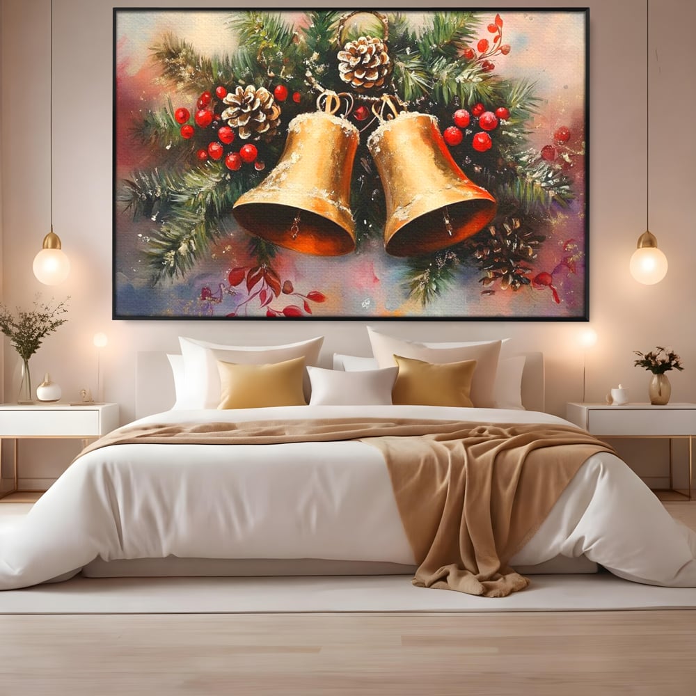 Leinwand Wandkunst Canvas Premium, LuxCanva® D1089, Carol Bells, Gold, Weihnachten, Weihnachten, Glitzern, Echo, Festlich, Magie, Klang, Geist, Gerücht, Tanne, Symphonie, Kiefer, Zapfen, Winter, Rot, Kinderzimmer, Wohnen, Schlafzimmer