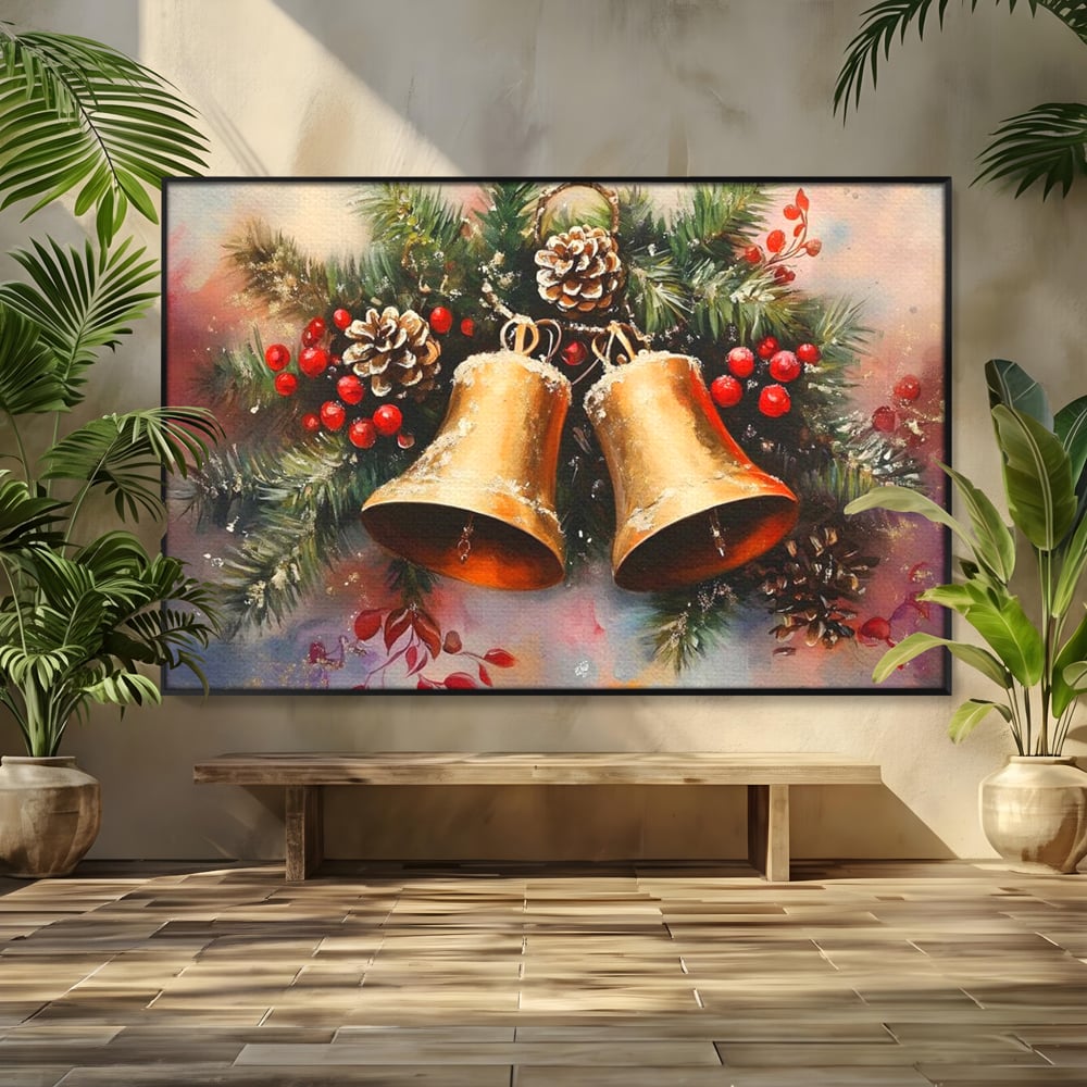 Leinwand Wandkunst Canvas Premium, LuxCanva® D1089, Carol Bells, Gold, Weihnachten, Weihnachten, Glitzern, Echo, Festlich, Magie, Klang, Geist, Gerücht, Tanne, Symphonie, Kiefer, Zapfen, Winter, Rot, Kinderzimmer, Wohnen, Schlafzimmer
