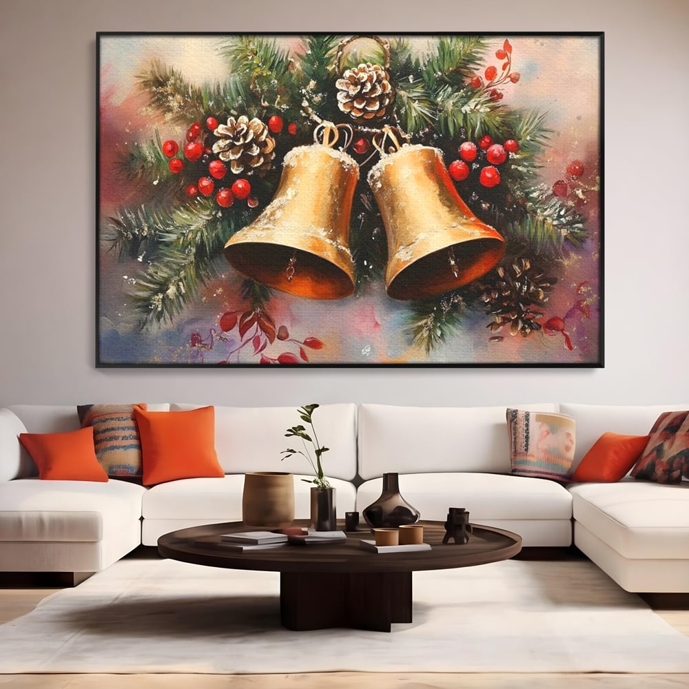 Leinwand Wandkunst Canvas Premium, LuxCanva® D1089, Carol Bells, Gold, Weihnachten, Weihnachten, Glitzern, Echo, Festlich, Magie, Klang, Geist, Gerücht, Tanne, Symphonie, Kiefer, Zapfen, Winter, Rot, Kinderzimmer, Wohnen, Schlafzimmer